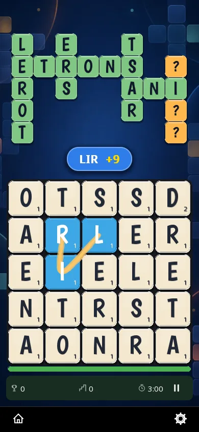 Partie de Wordz en mode Grille sur téléphone, thème sombre : en haut les mots croisés de la partie, la plupart déjà révélés, en bas la grille de lettres ivoire, avec un mot en train d’être tracé, ses lettres en bleu reliées par un trait doré.
